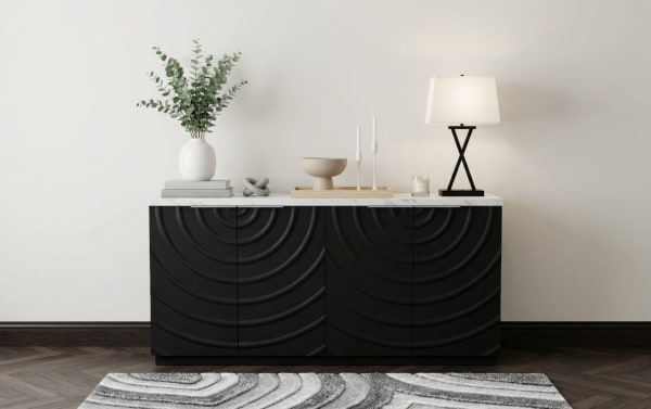 Radius Black & White 4 Door Cabinet with contemporary MDF construction, faux marble top, and distinctive radiating ripple pattern.